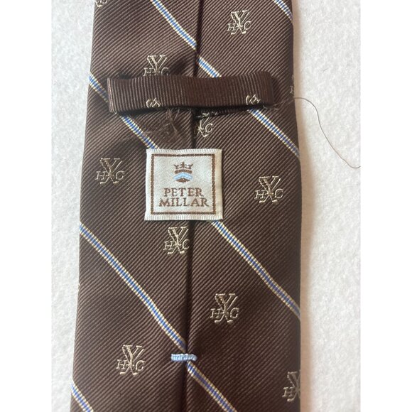 Peter Millar Mens Brown Silk Tie With Blue Stripes & Embroidered Logo - Picture 4 of 6